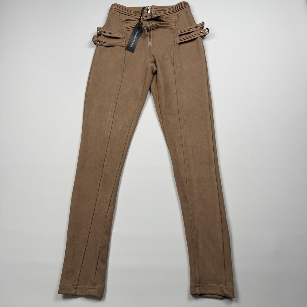 Manière De Voir Pants Womens 2 Beige Biker Jegging Skinny Belted Strap Buckle
